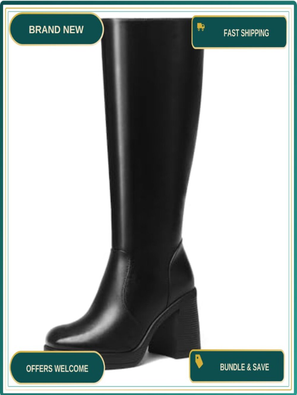Knee High Square Toe Platform Boots Faux Leather Chunky Heeled Side Zipper Women